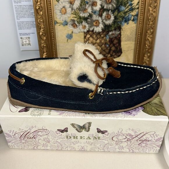 Sperry 8 Paige Navy Ivory Shearing Genuine Suede Leather Moccasin Slippers - Picture 2 of 9
